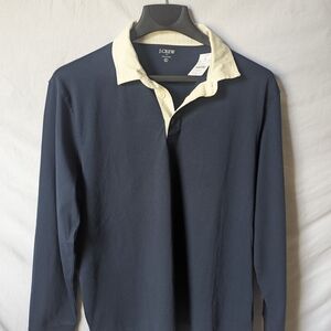 J. Crew Navy Long-Sleeve Polo with Cream Contrast Collar
